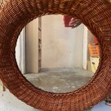Old vintage round braided wicker mirror 1970s