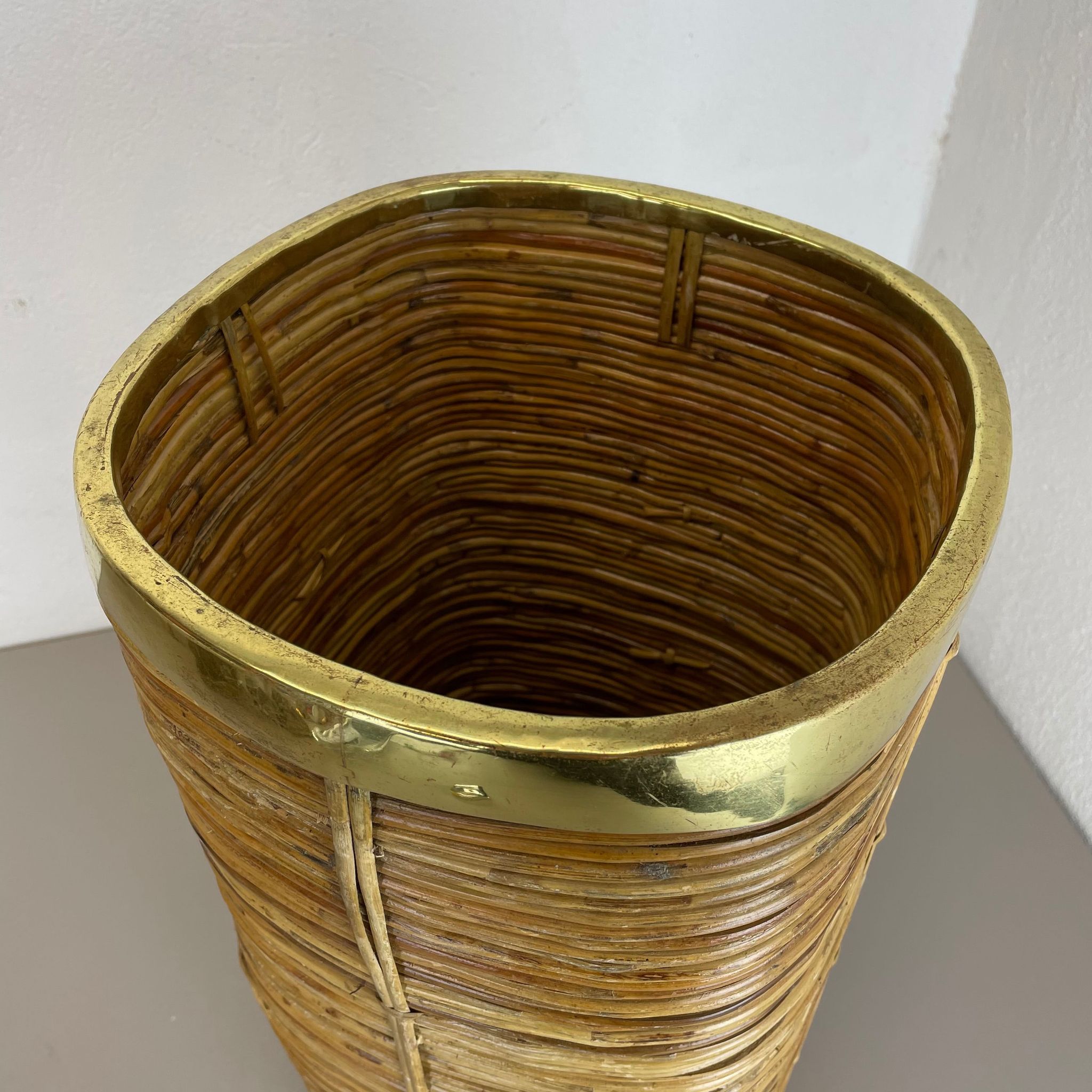 Mid-century rattan and brass bauhaus waste paper bin, france, 1960s