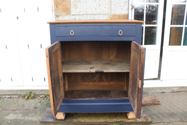 Buffet ancien en bois massif – Bleu profond & plateau bois