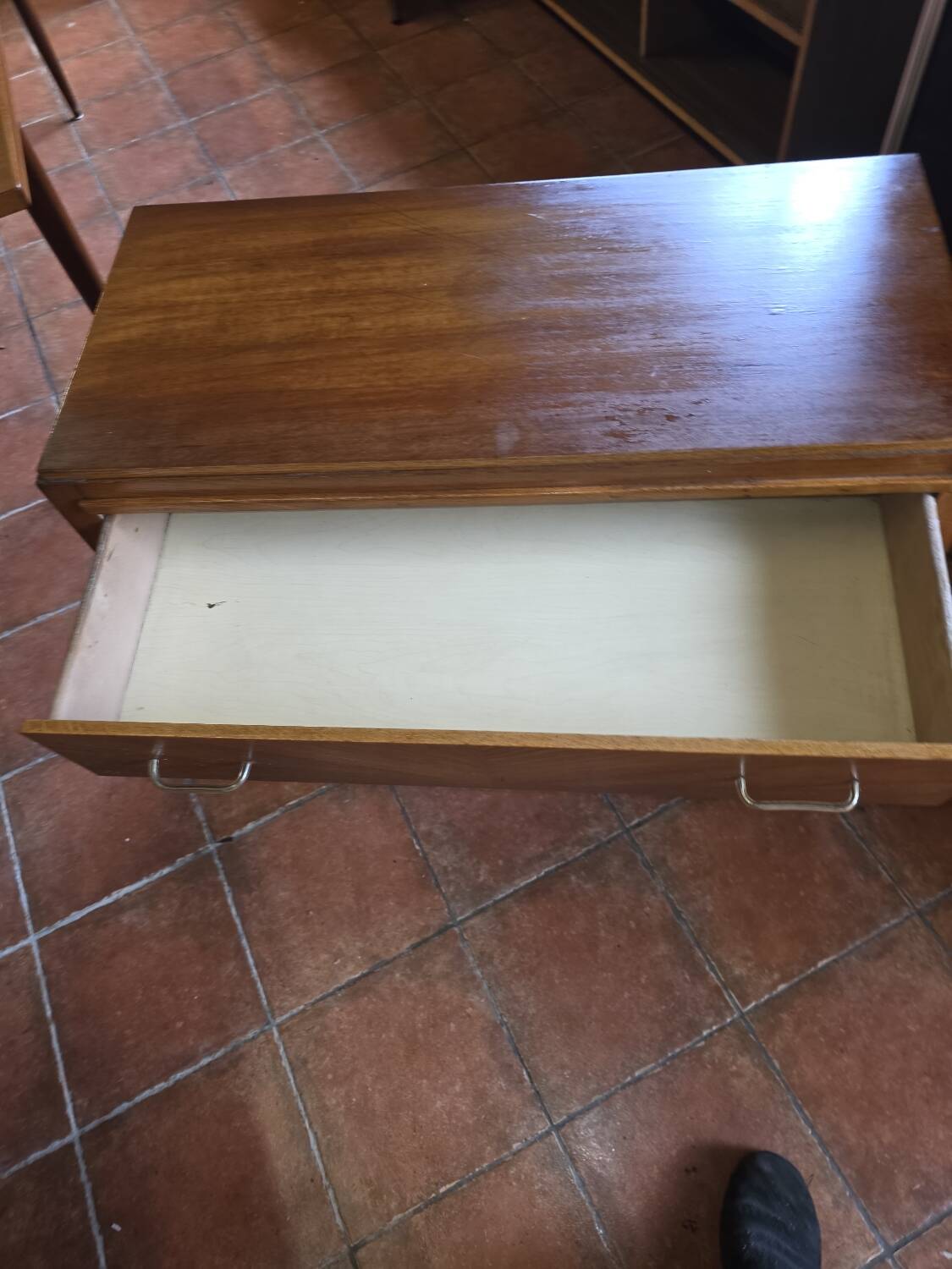 Vintage oak chest of drawers with herringbone patterns from the 1960s.