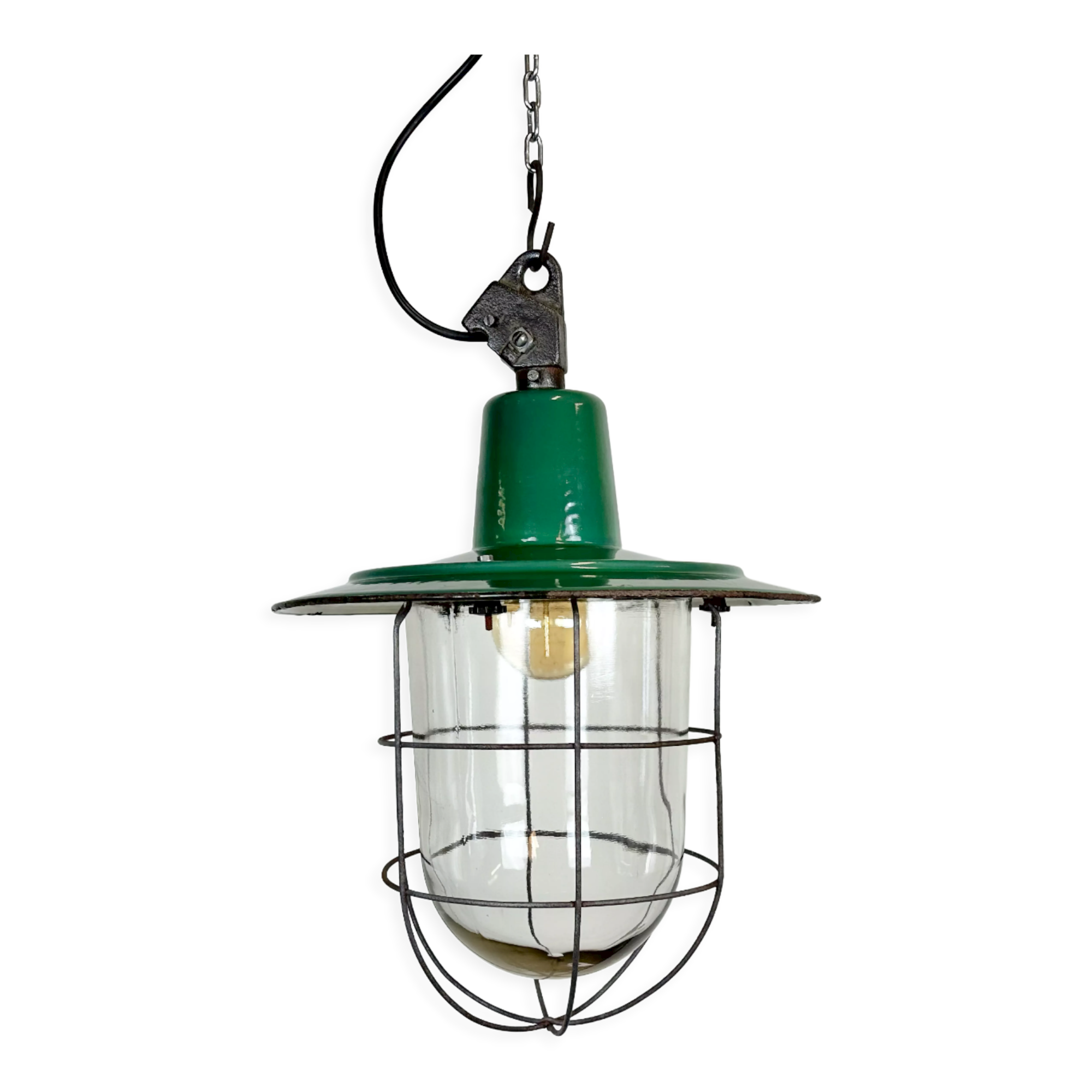 Green Enamel and Cast Iron Industrial Cage Pendant Light, 1960s