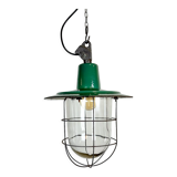 Green Enamel and Cast Iron Industrial Cage Pendant Light, 1960s