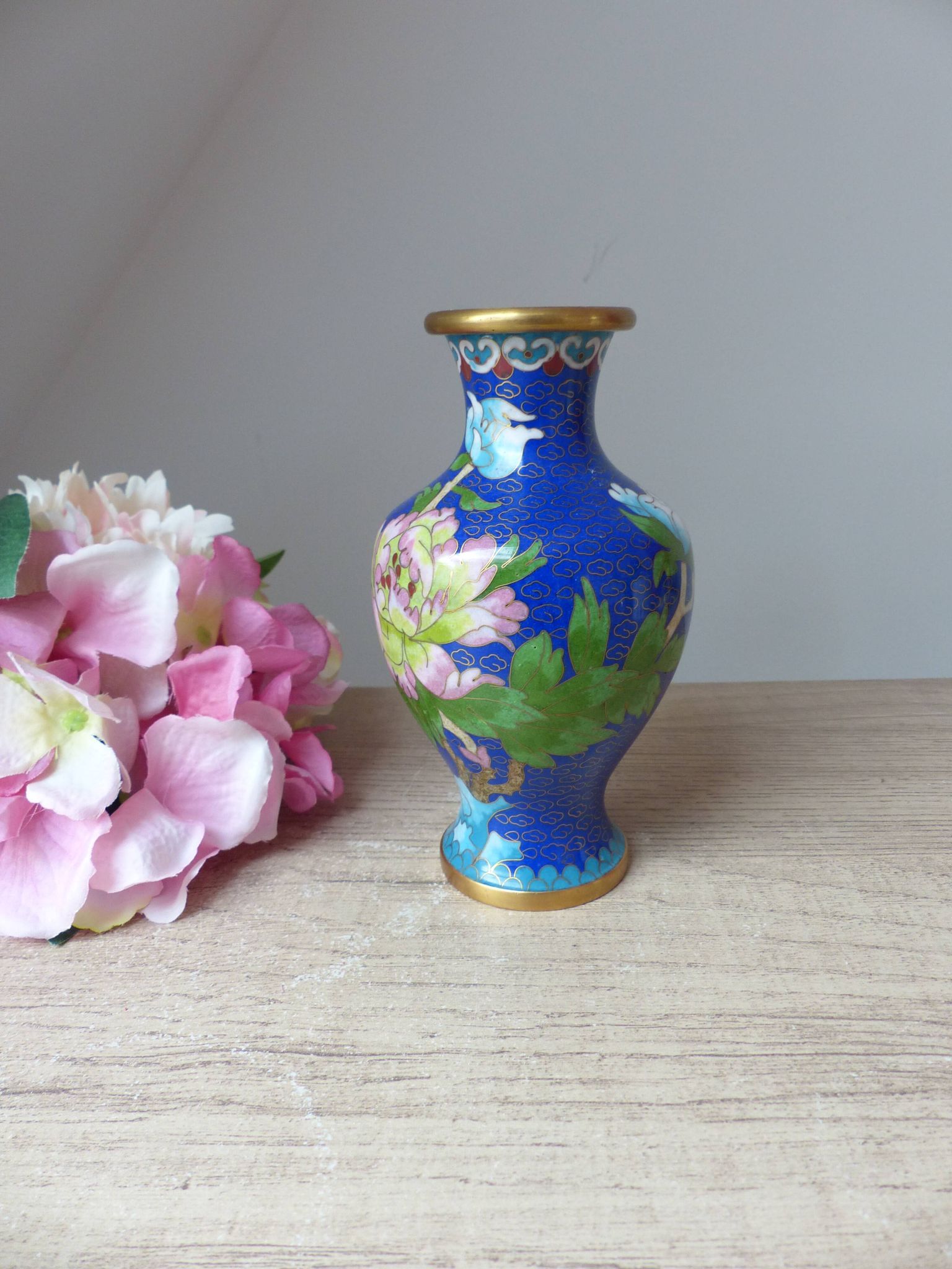 Old small blue cloisonné brass vase with pink peony flower motif