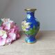 Old small blue cloisonné brass vase with pink peony flower motif