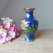 Old small blue cloisonné brass vase with pink peony flower motif