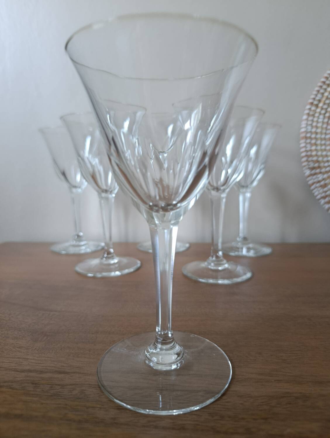 6 crystal water/wine glasses with flat ribs, vintage