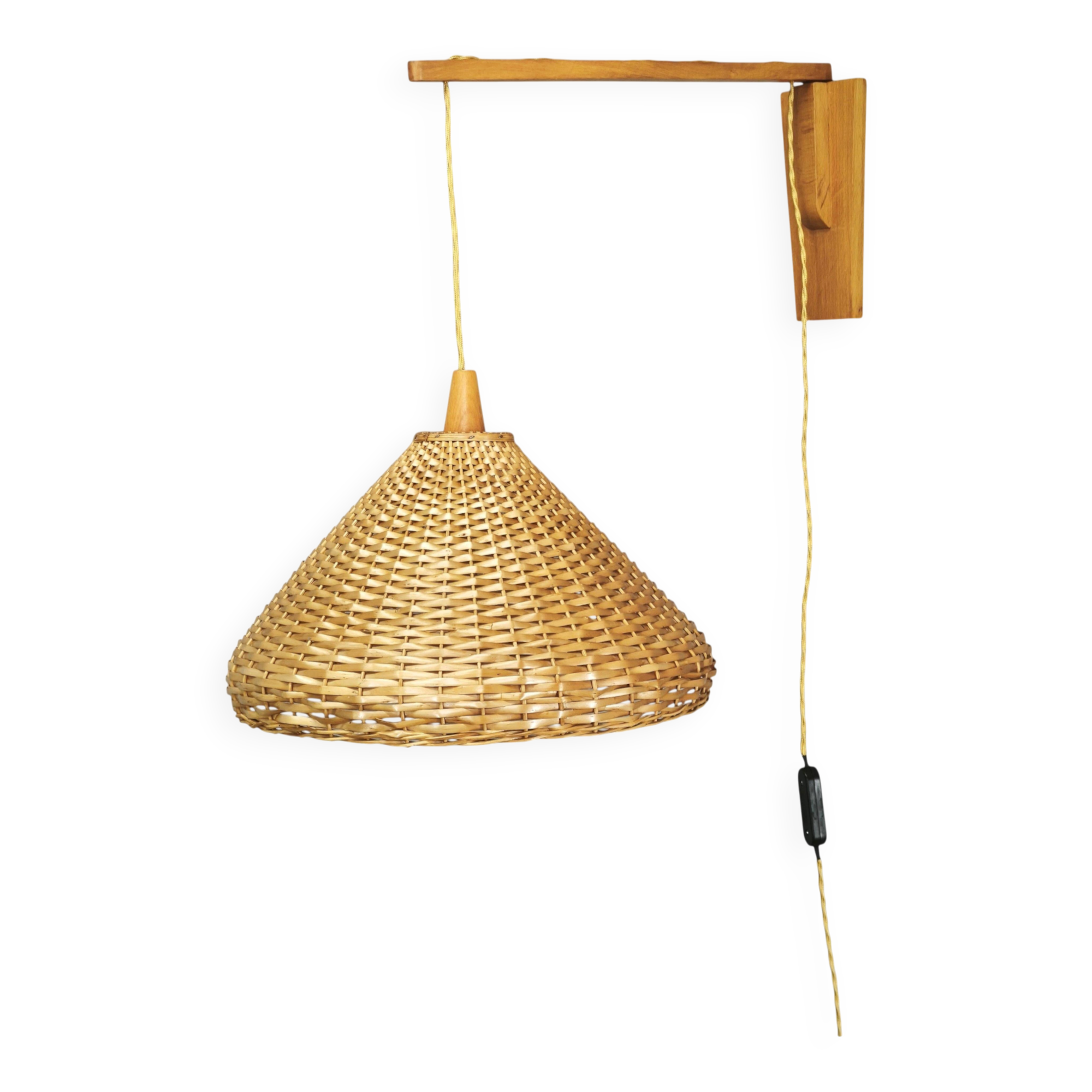 Czechoslovak Rattan and Wood Swing Arm Wall Lamp, 1960s