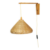 Czechoslovak Rattan and Wood Swing Arm Wall Lamp, 1960s