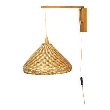 Czechoslovak Rattan and Wood Swing Arm Wall Lamp, 1960s
