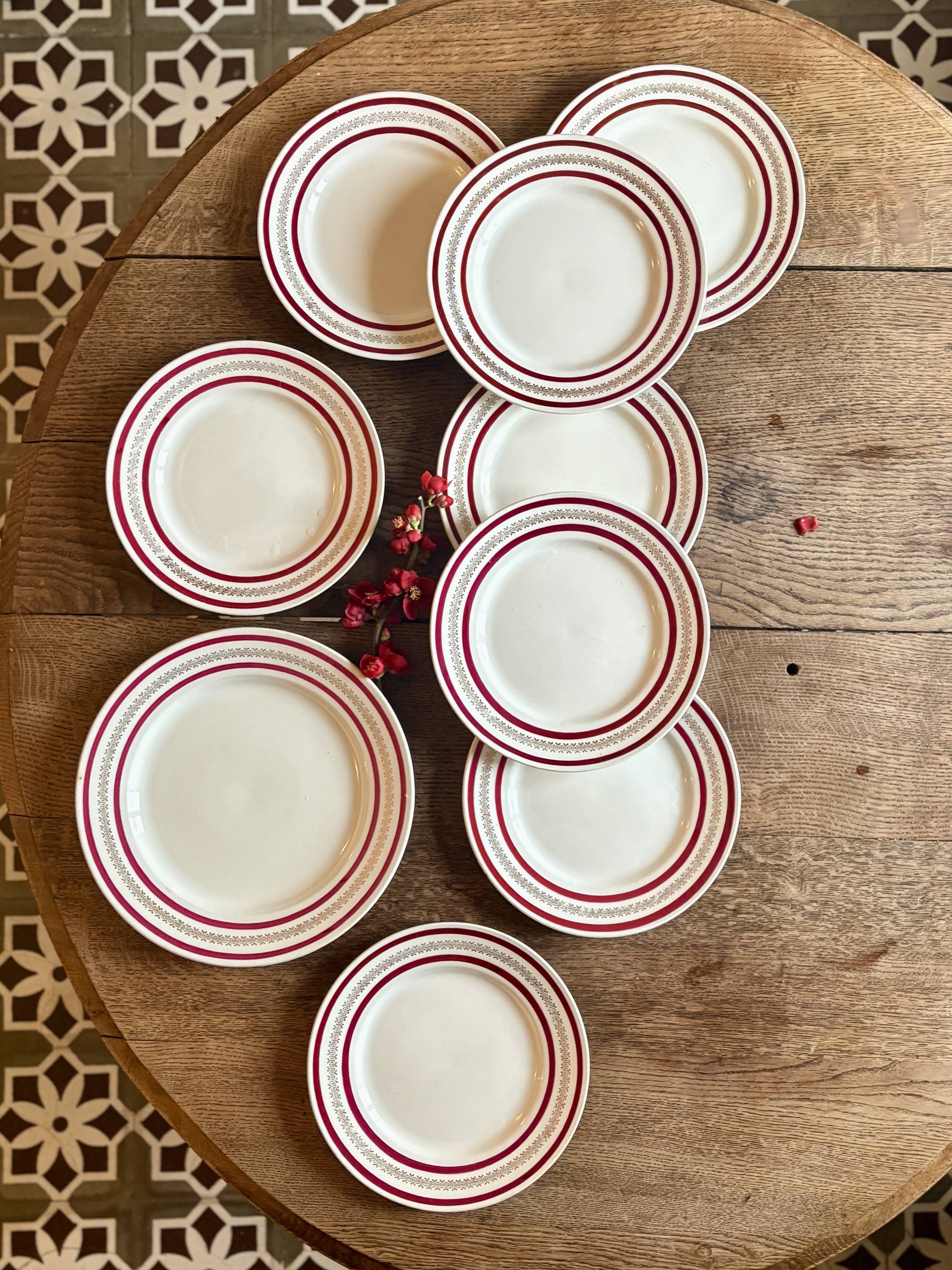 Set of 8 flat plates and a vintage dish, red and gold decorations, manufactured