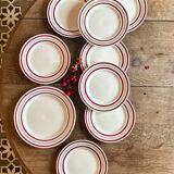 Set of 8 flat plates and a vintage dish, red and gold decorations, manufactured