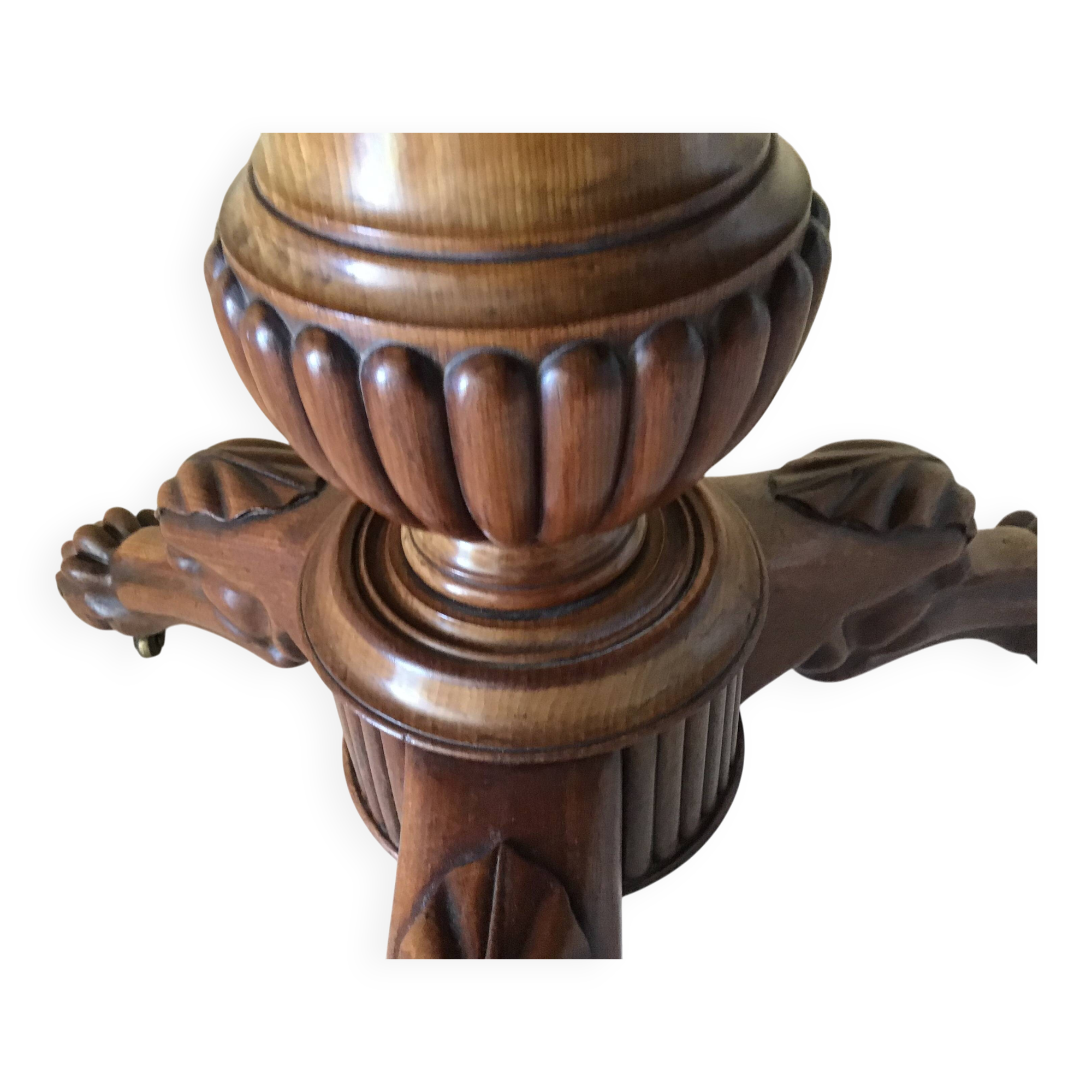 Wooden gueridon with marble, lion paw legs.