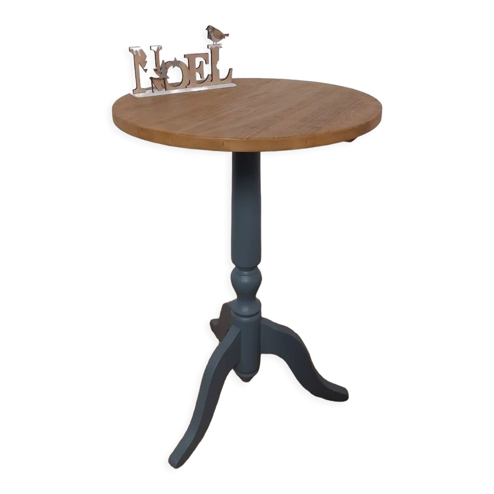 Gray and natural pedestal table
