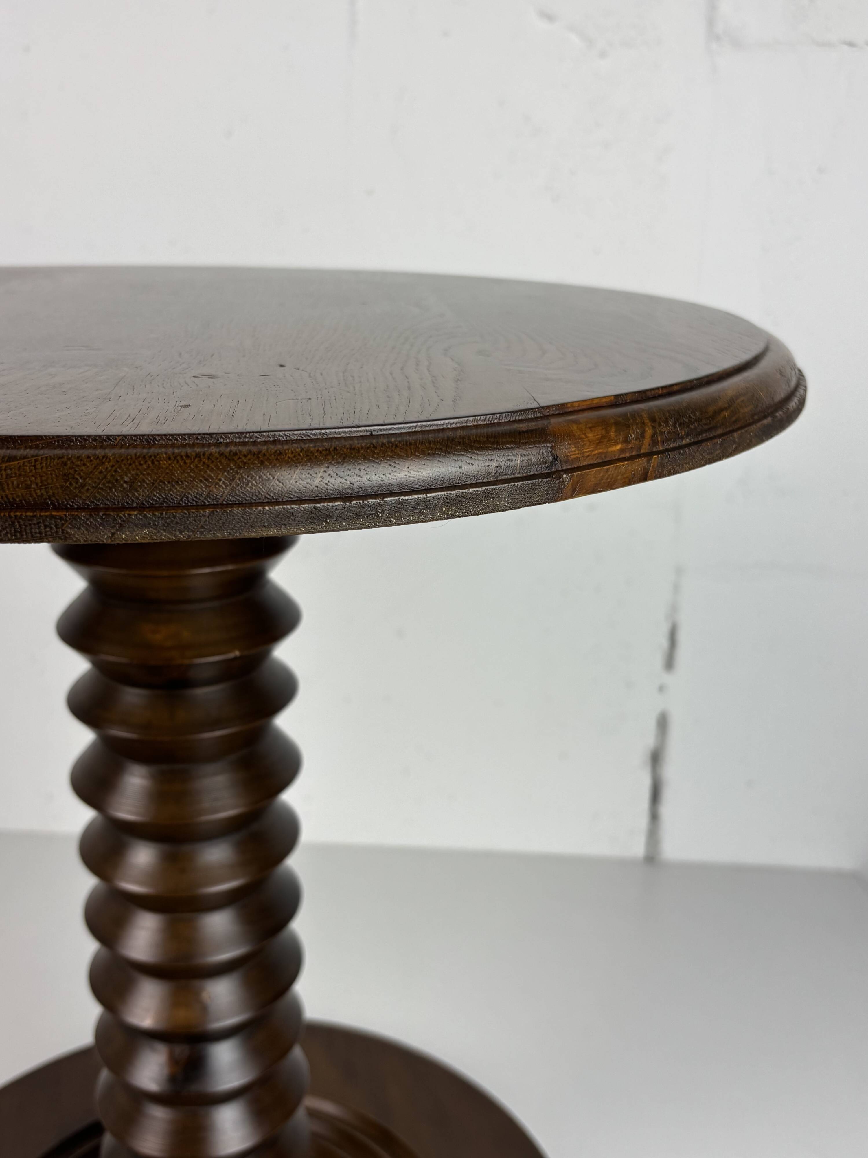 Brutalist Wood Turned Press Side Table in the style of Charles Dudouyt