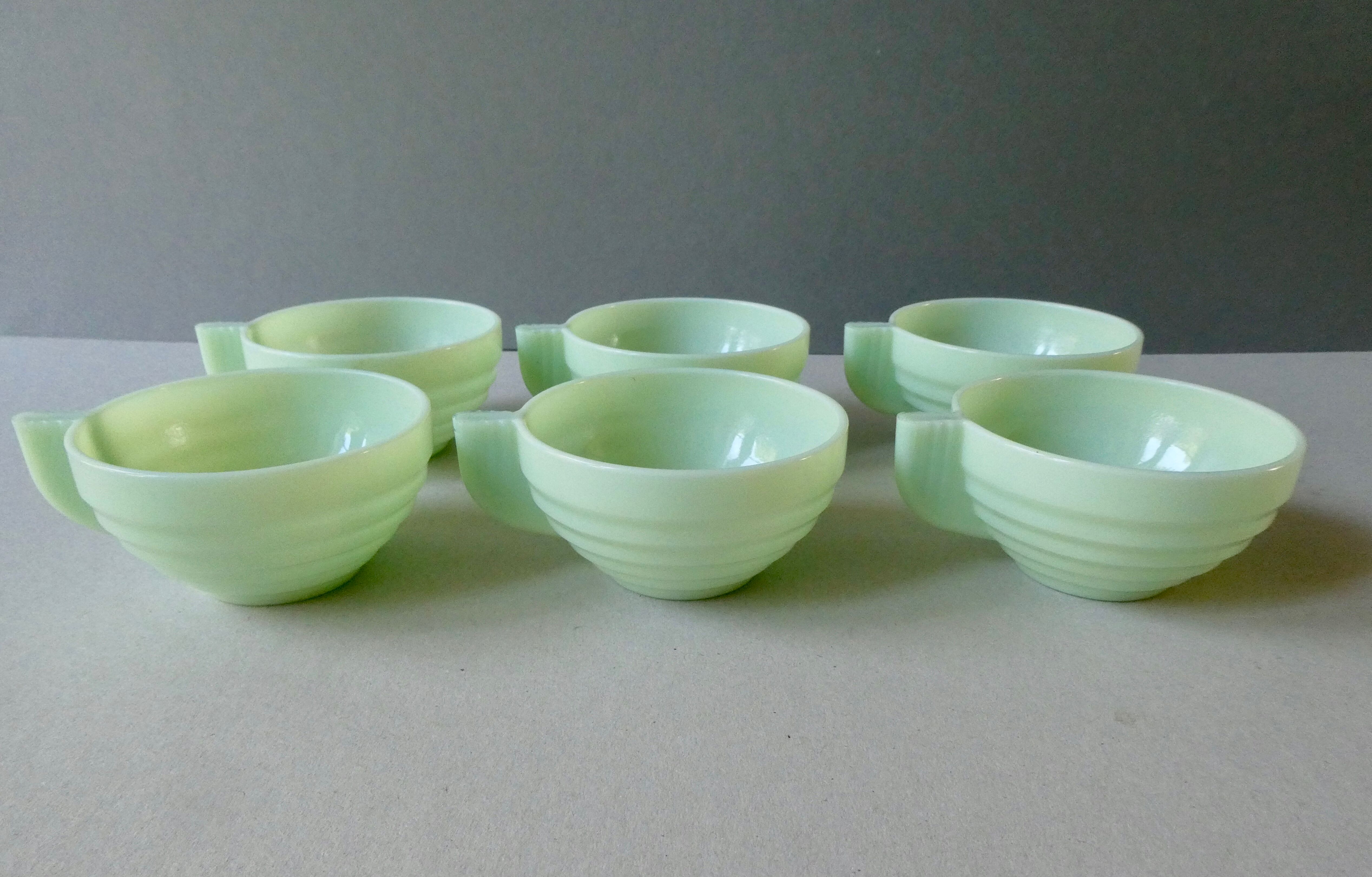 Set De 6 Tasses Anciennes En Opaline - Vert Art Déco - Vintage - Occasion
