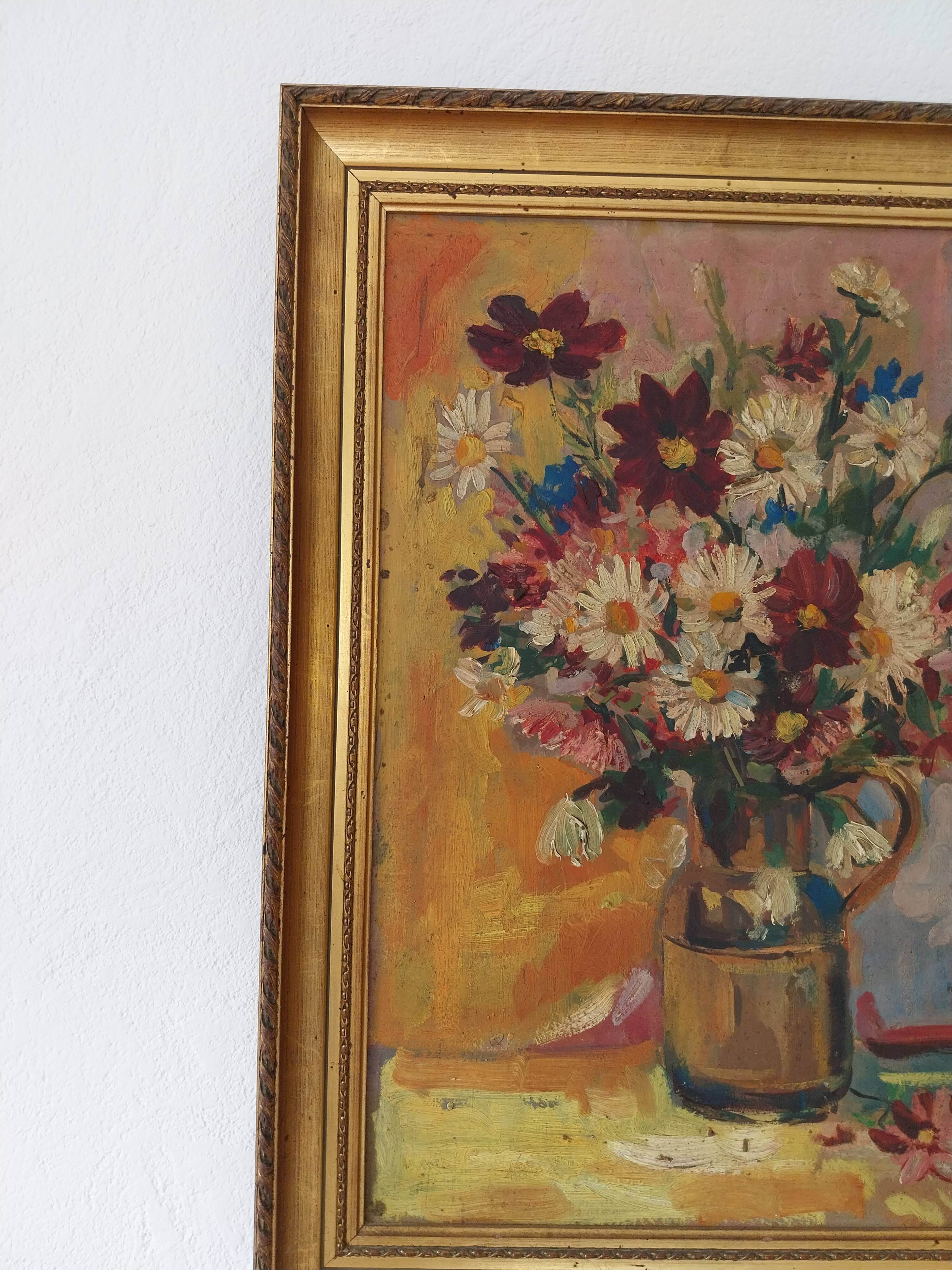Huile sur panneau vintage signée Hourregue - bouquet de fleurs