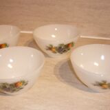White glass Arcopal bowls with vintage fruit décor