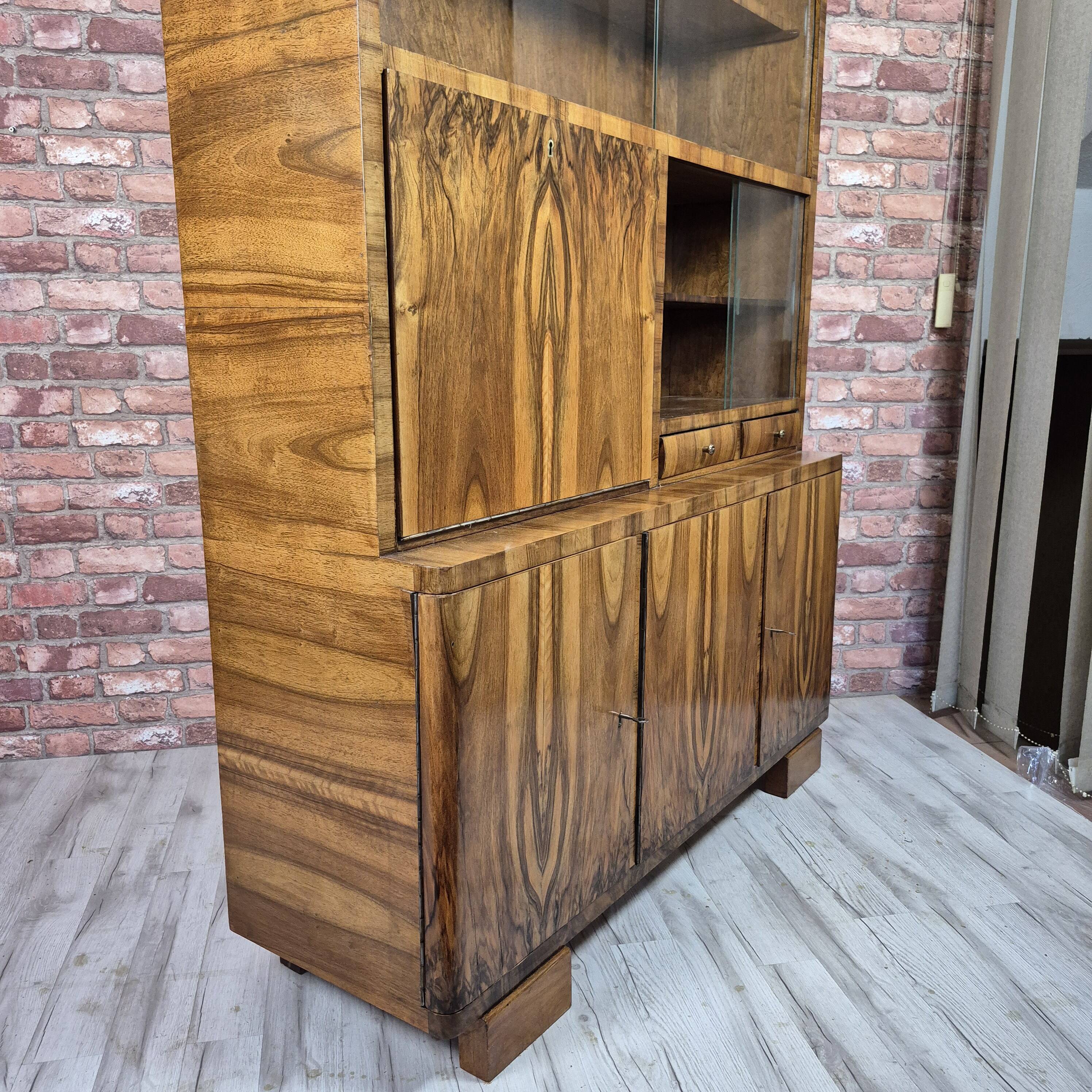 Restored Mid-Century Flame Walnut Highboard with Bar Cabinet - 1960s