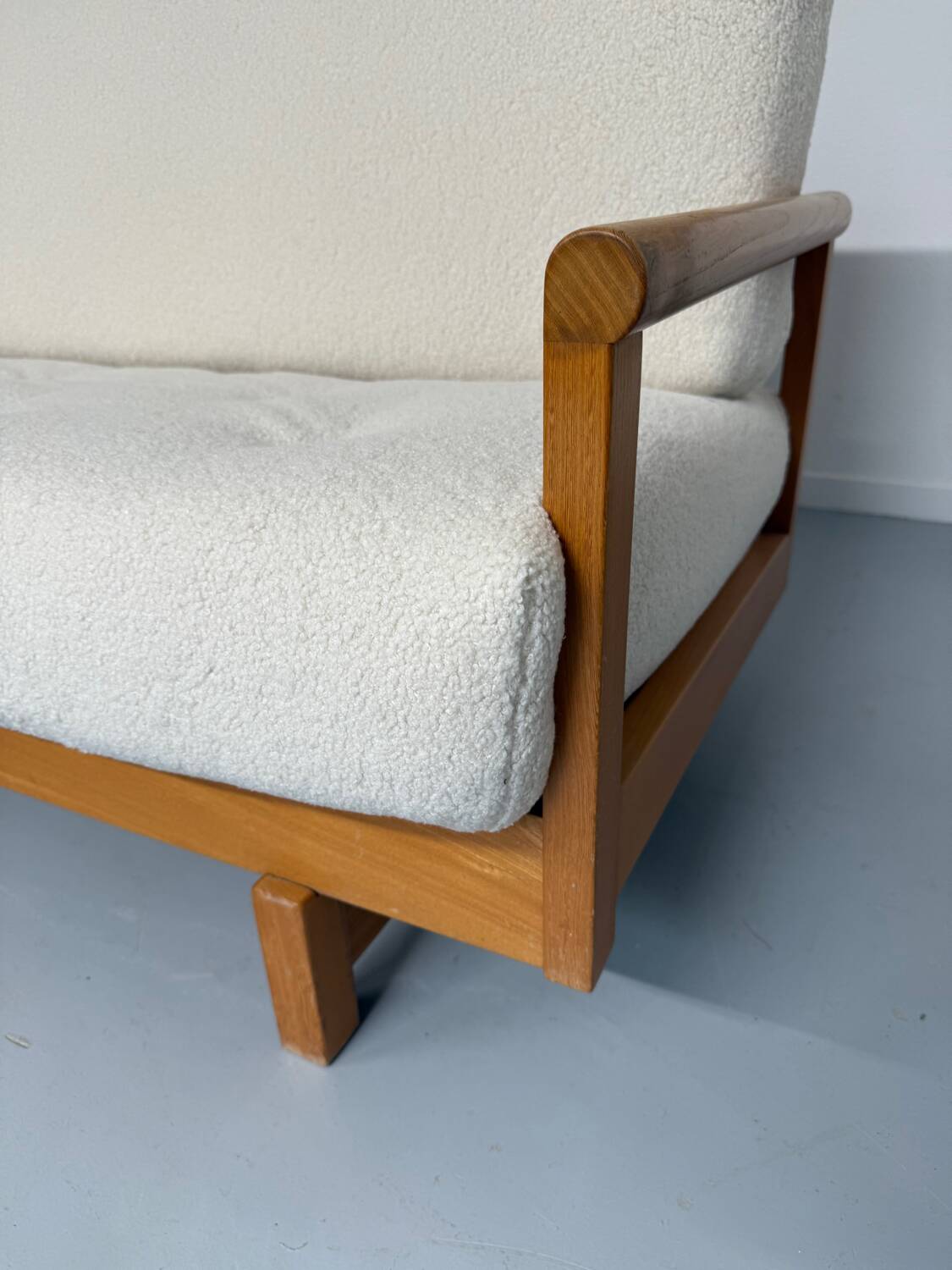 Old solid wood sofa, 70s design, vintage terry fabric