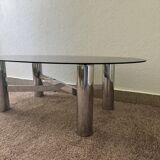 Chrome metal coffee table with smoked glass from the 70s