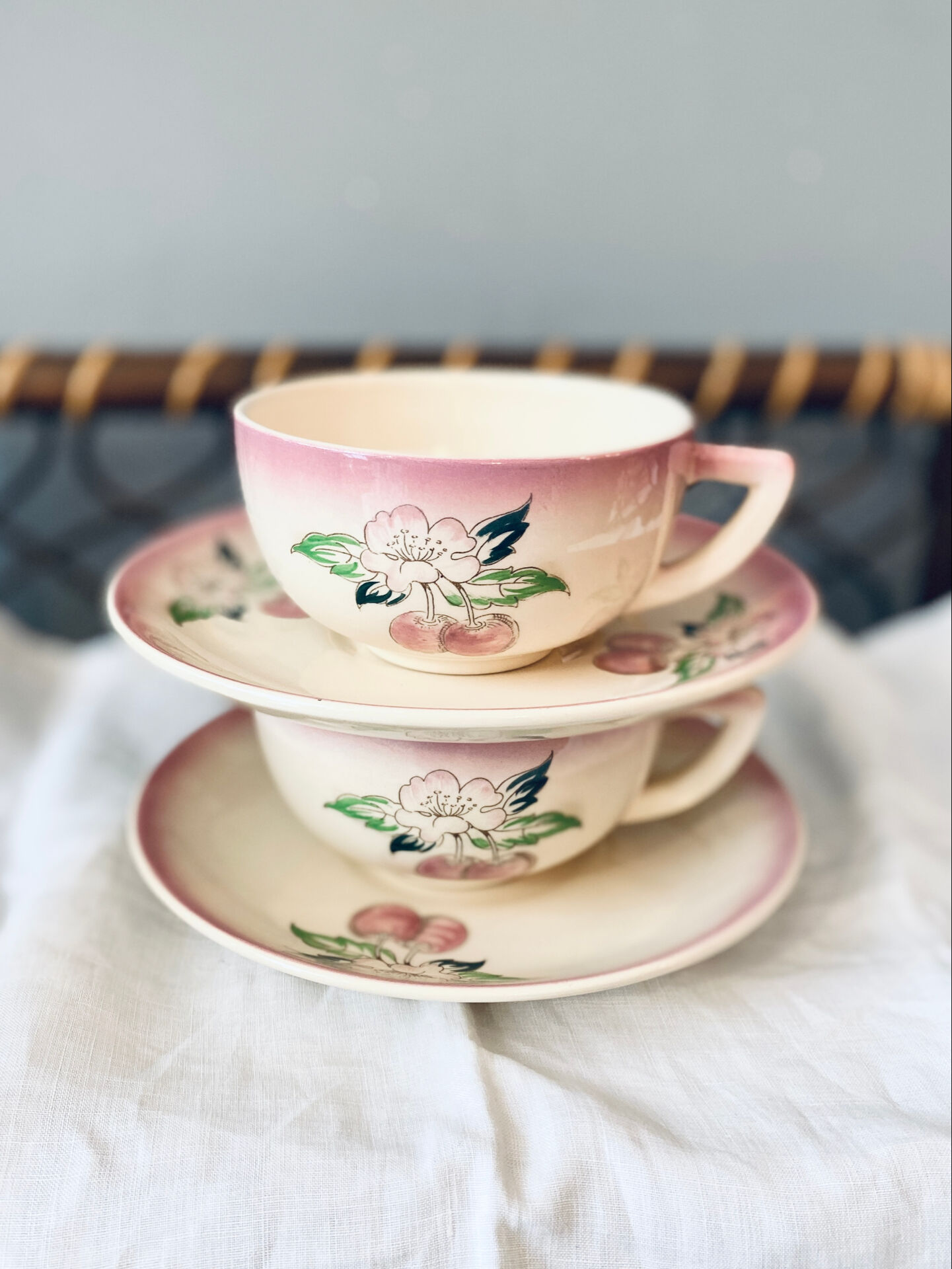 Two breakfast cups Longwy cherry design