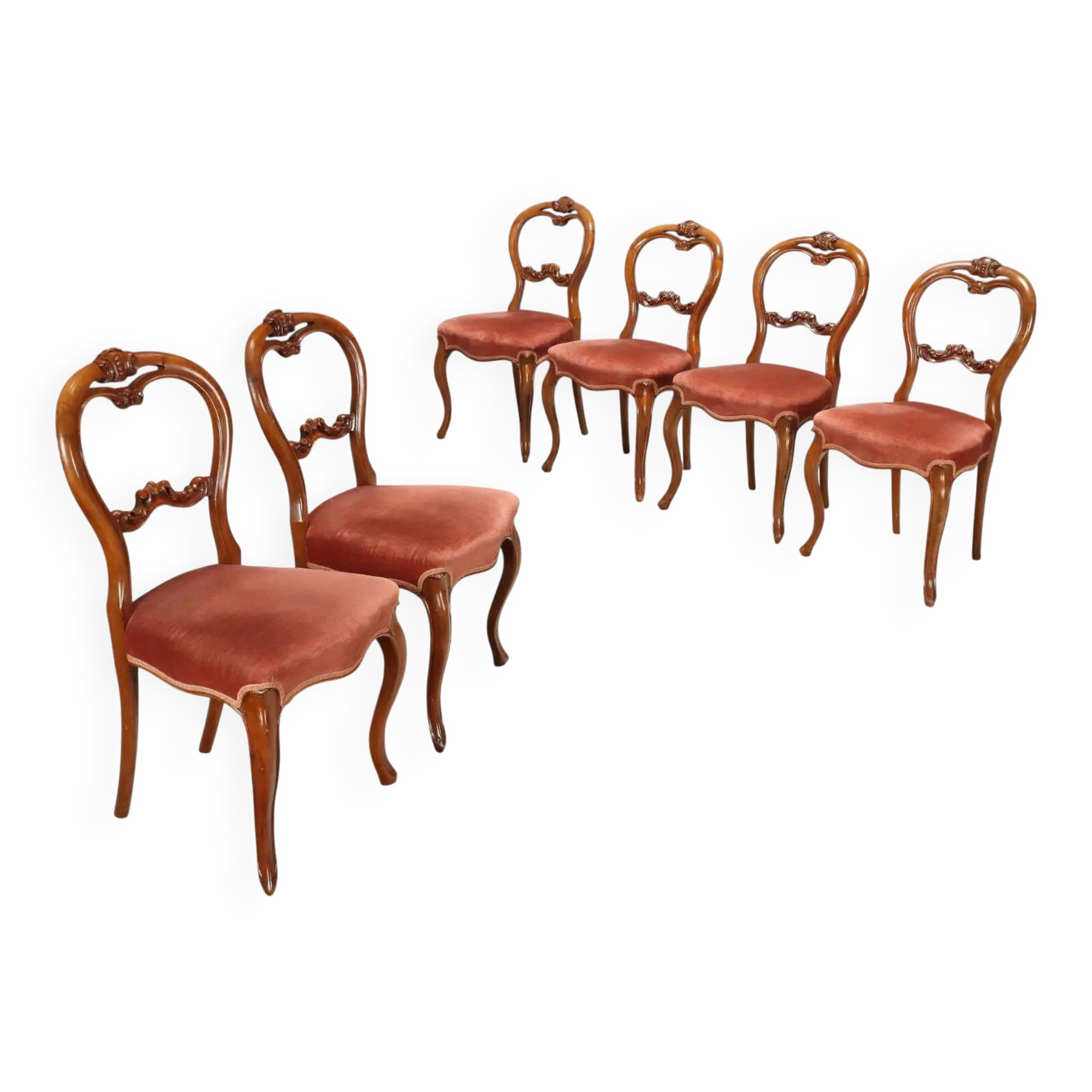 Antique Louis-Philippe chairs in walnut and fabric, Italy, 19th century.