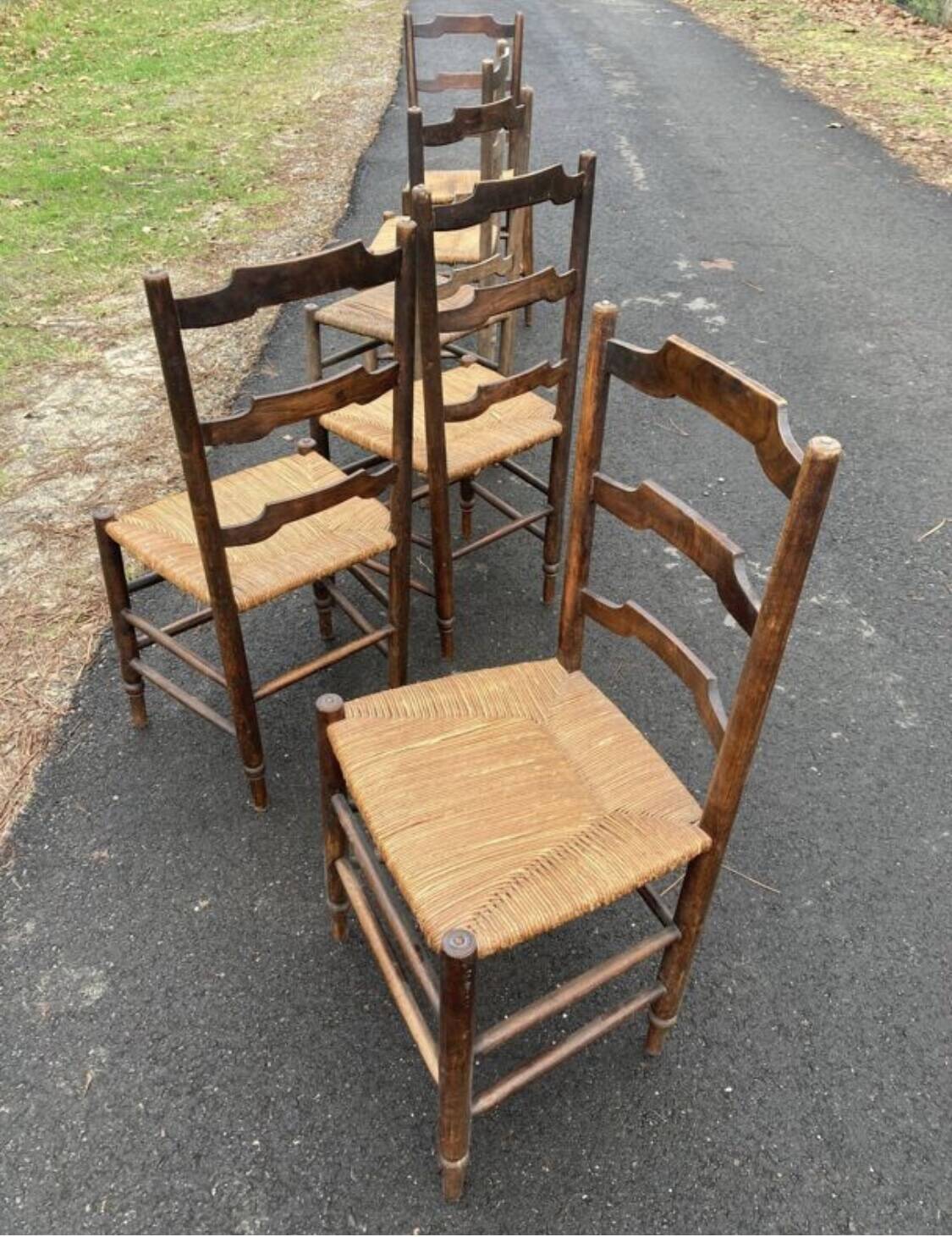 6 old wooden straw chairs