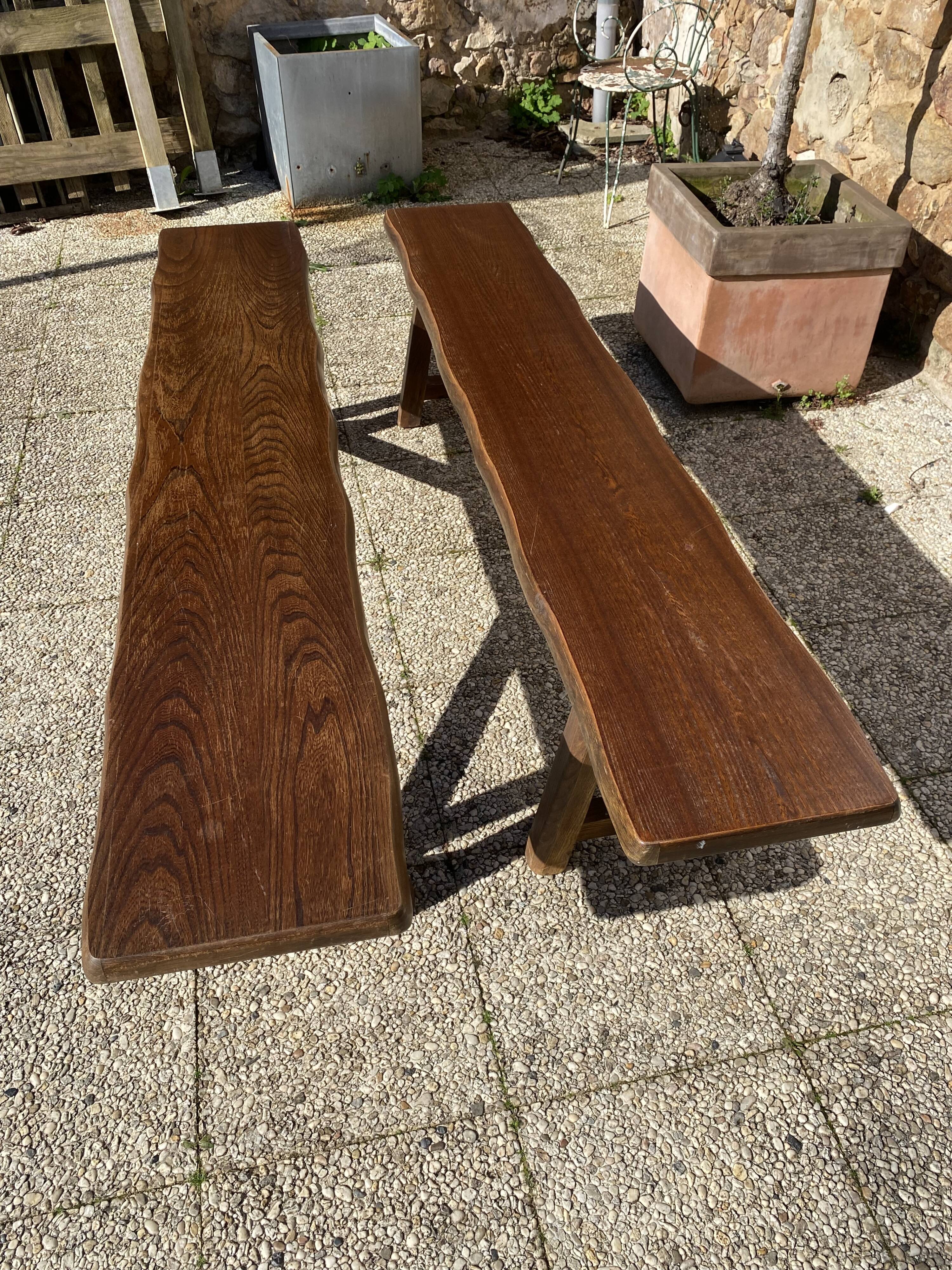 Paire de bancs orme pour table de ferme brutaliste rustique 1950