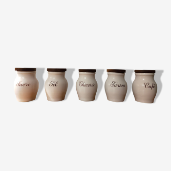Set of 5 vintage porcelain spice pots wooden lid