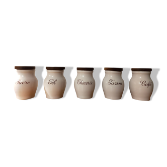 Set of 5 vintage porcelain spice pots wooden lid