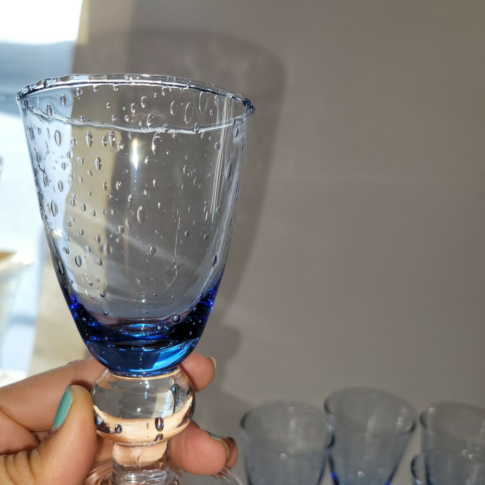 8 vintage blue bubble blown glass walking glasses