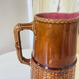 Old vintage ceramic pitcher or jug from Sarreguemines France Brown and pink interior, imitation basket
