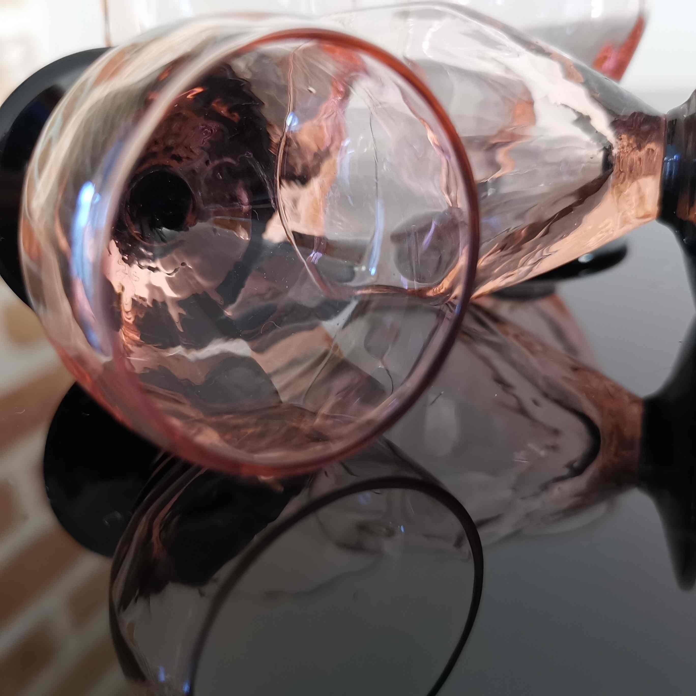 4 art deco liqueur glasses in smoked salmon glass with black base