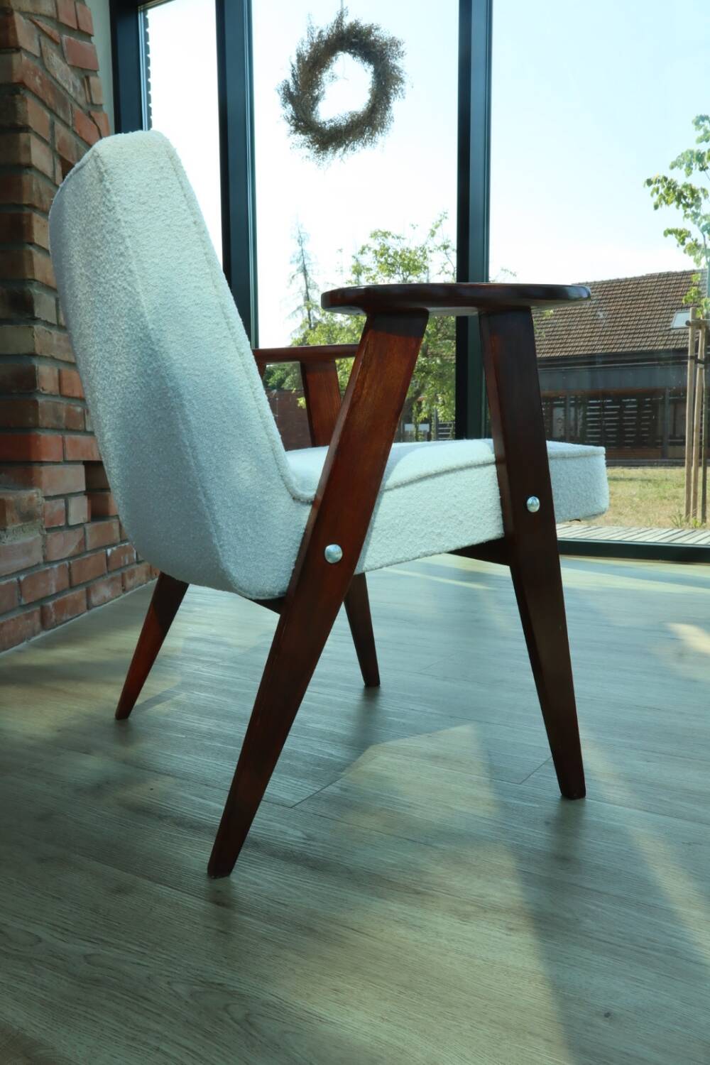 Scandinavian armchair snow white boucle dark walnut wood colour design by Chierowski 366 model