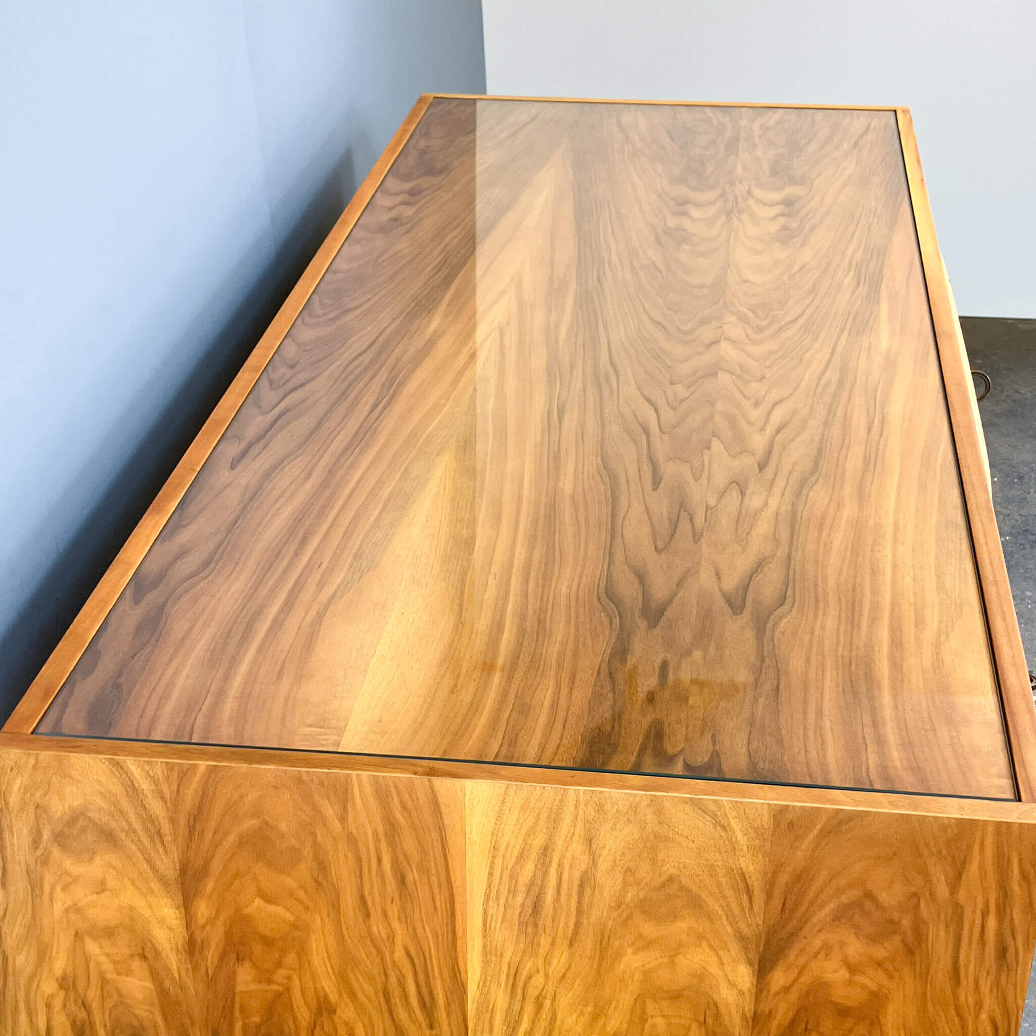 Desk with glass top, walnut, 1950s