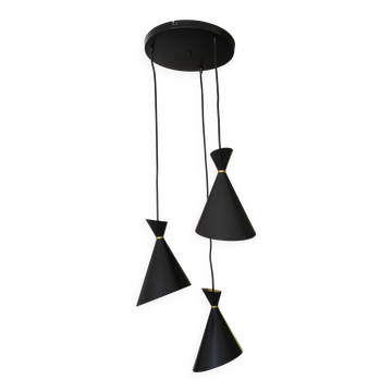 Vintage large chandelier with 3 tulips in black and gold Diabolo.