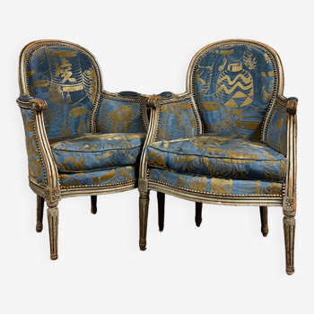 Pair of bergeres in gray lacquered wood louis xvi style xix eme century