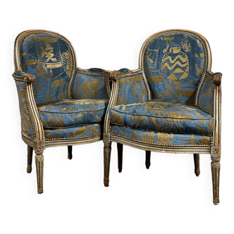 Paire de bergères en bois laqué gris de style louis xvi xix eme siècle