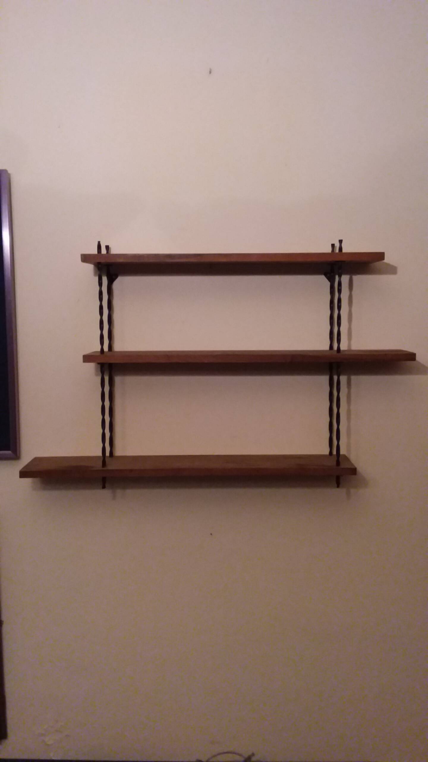Vintage asymmetrical wall shelf in solid oak and metal from the 60s