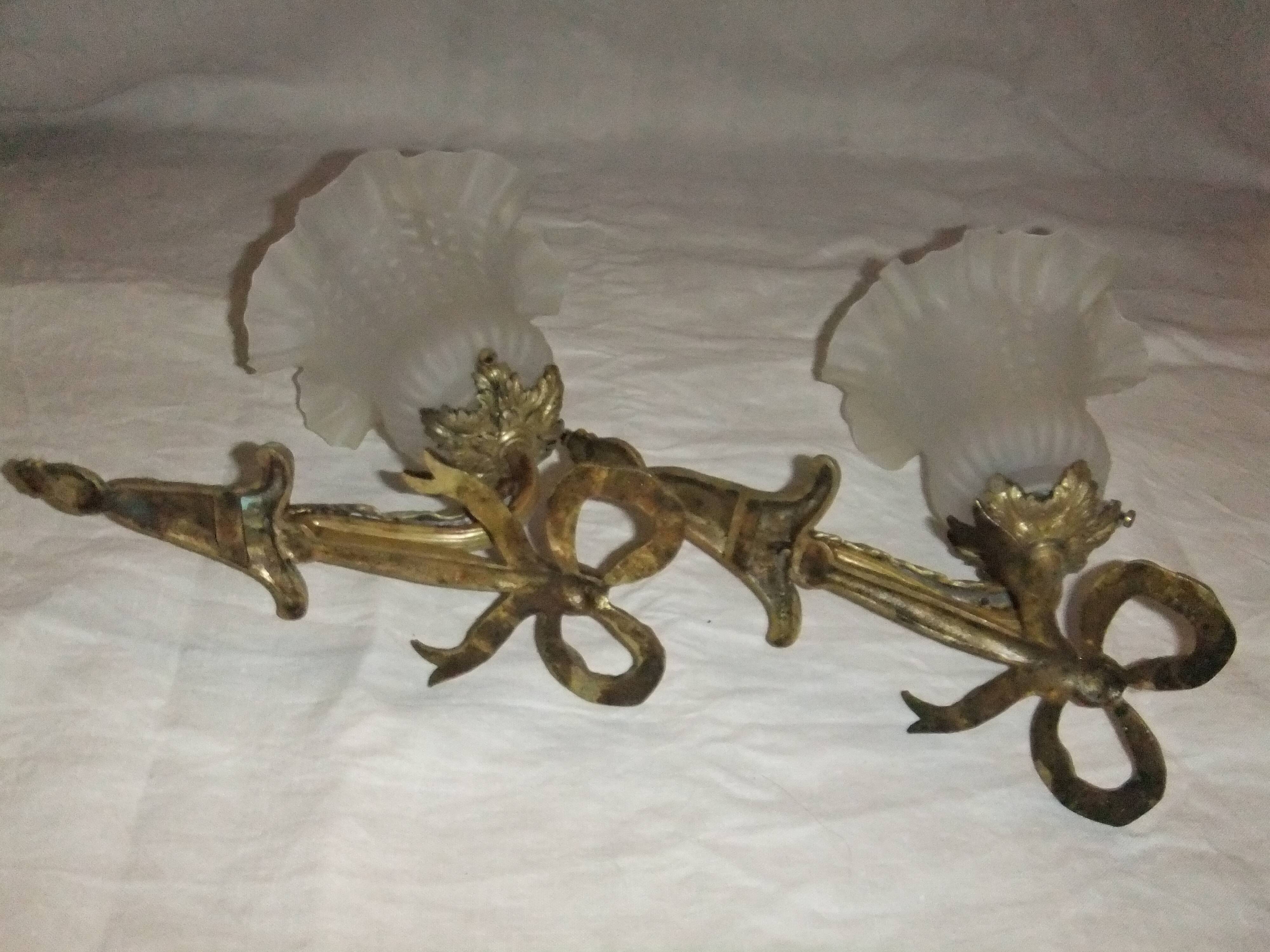 Pair applies Louis XVI Bronze opaque tulip light
