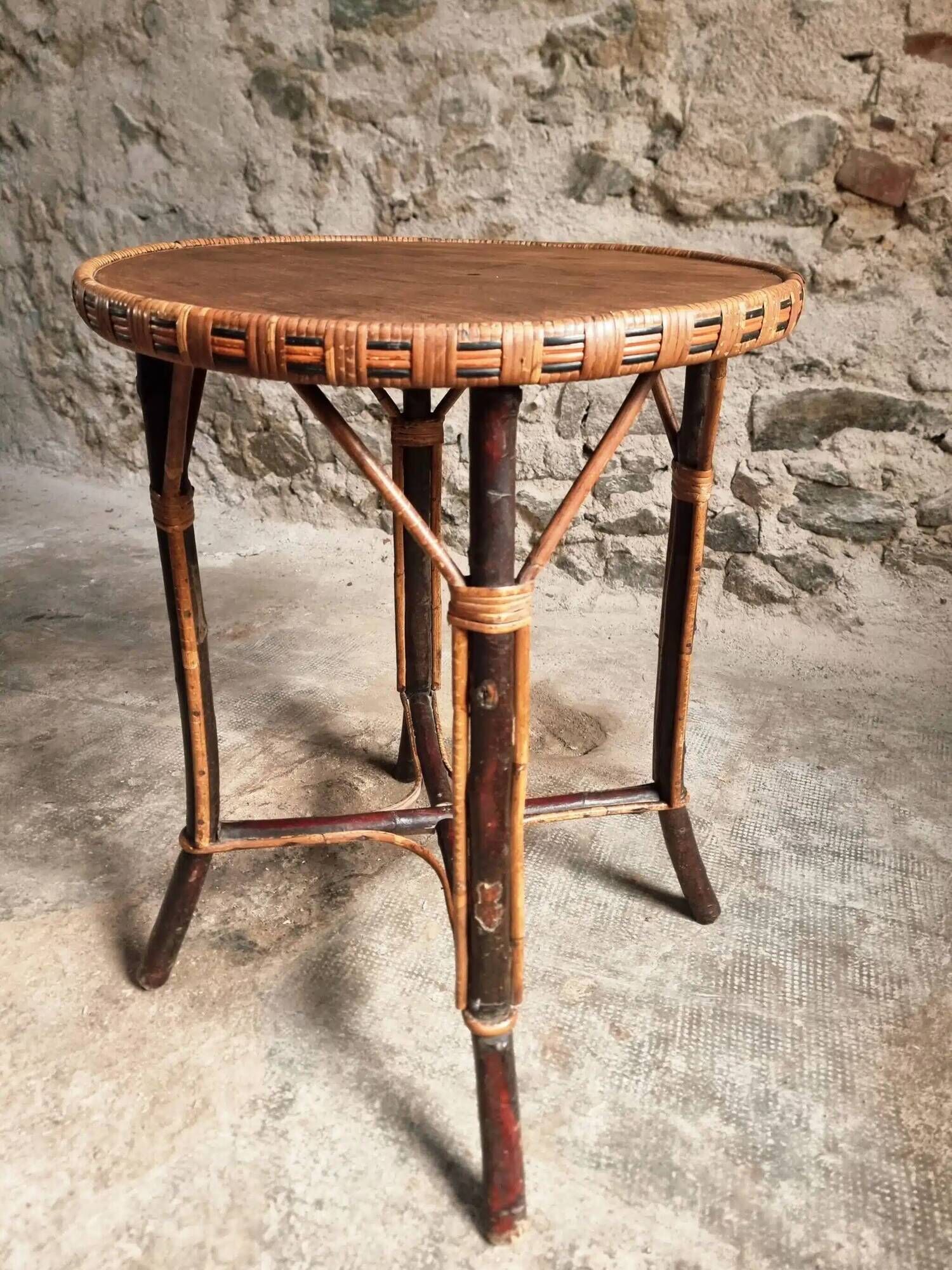 Vintage Round Bamboo and Wood Side Table | Mid-Century Bohemian Accent Table – 1950s/70s