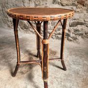 Vintage Round Bamboo and Wood Side Table | Mid-Century Bohemian Accent Table – 1950s/70s