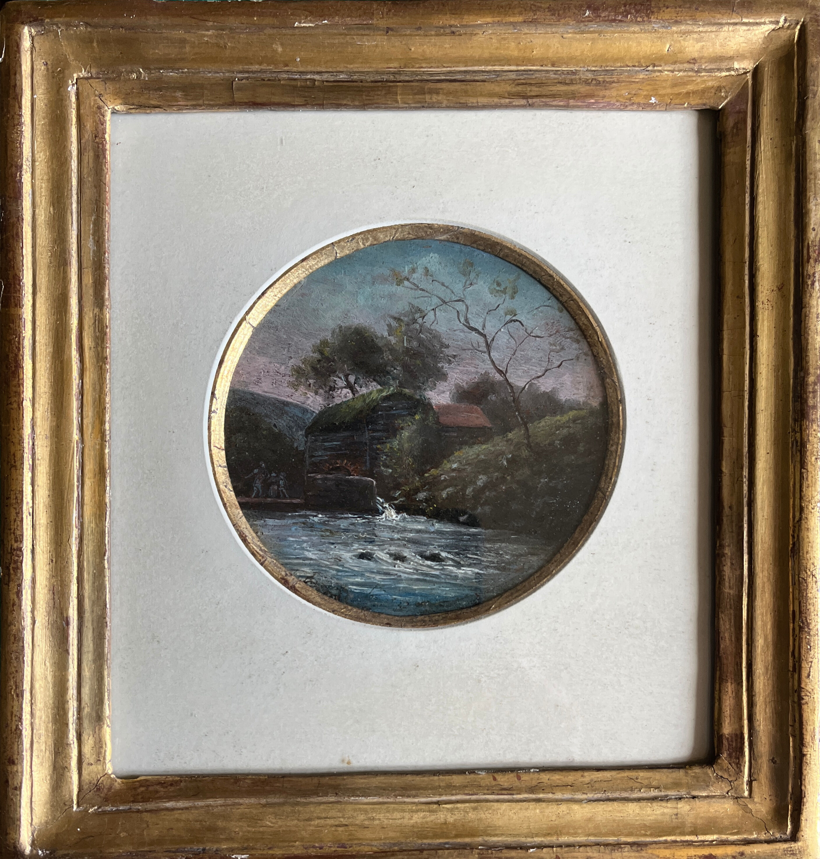 Tableau HSP Miniature "Animated Landscape with Watermill" 19th Century