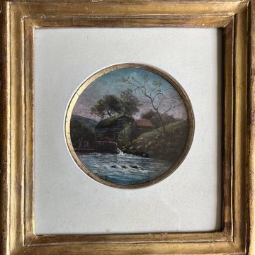 Tableau HSP Miniature "Animated Landscape with Watermill" 19th Century