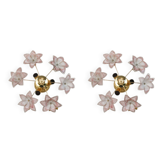 Set of 2 Charming Murano Vintage Ceiling Light Pink Flowers, 1970s