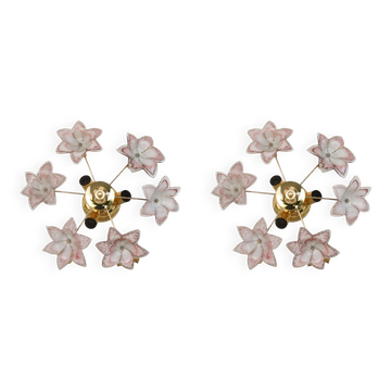 Set of 2 Charming Murano Vintage Ceiling Light Pink Flowers, 1970s