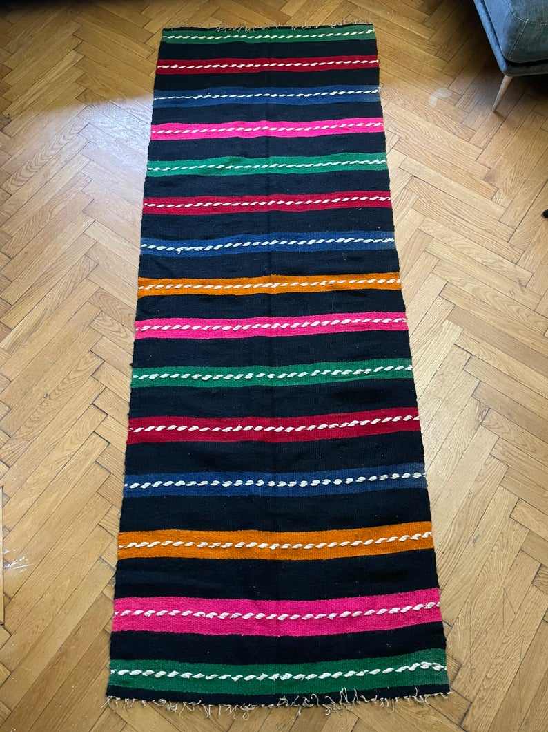 Romanian vintage carpet with stripes, made by hand in wool