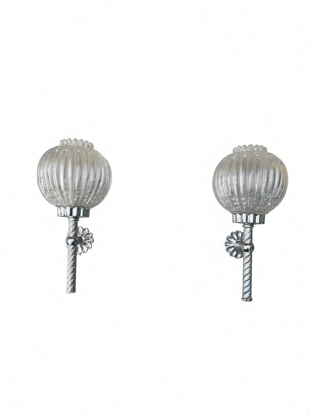 Pair of vintage wall lights; chrome striped glass floral globes; 1960s-70s.