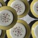 Lot de 19 grandes assiettes plates vintage jaunes fleurs roses liseré doré