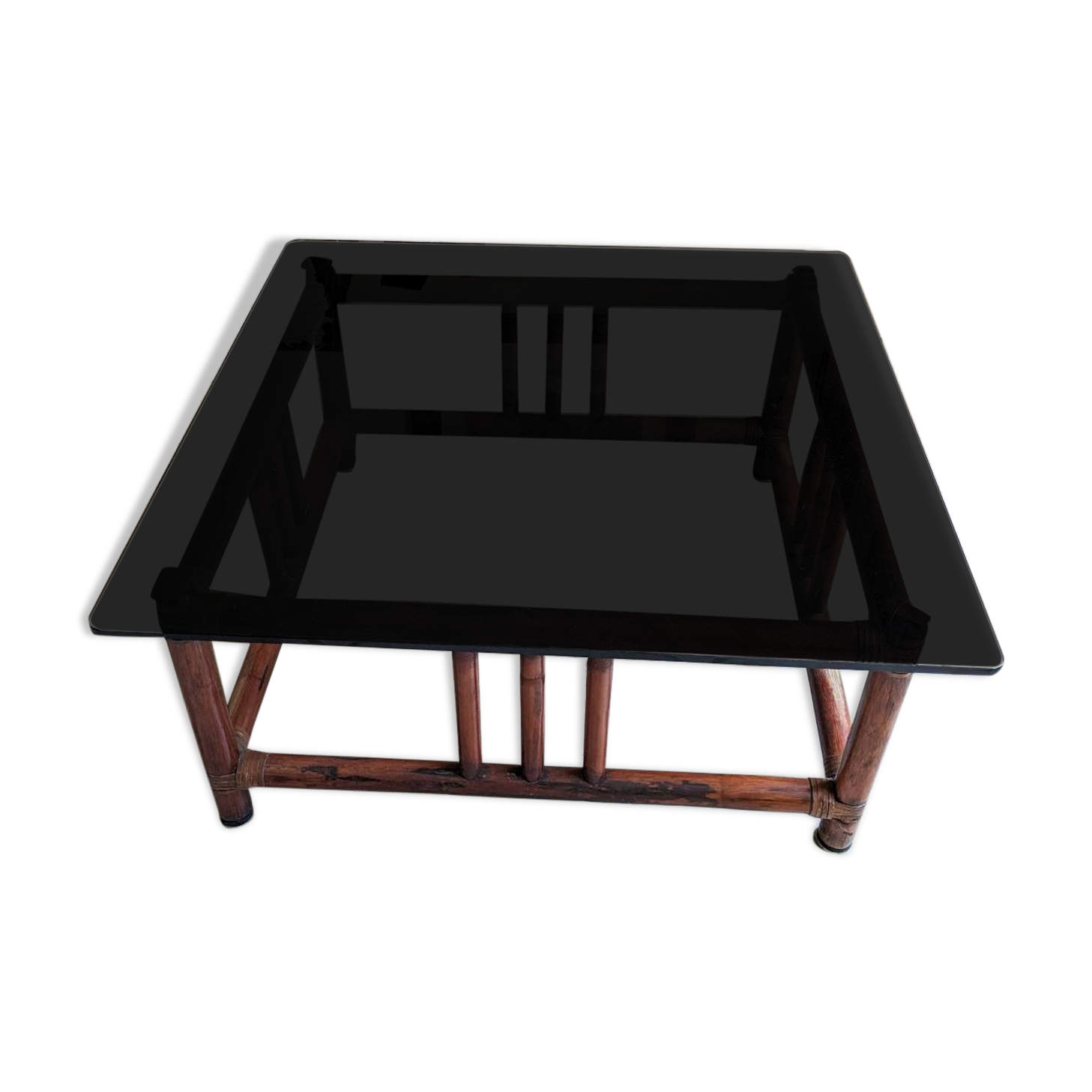 Vintage bohemian chic 70s smoked glass bamboo coffee table